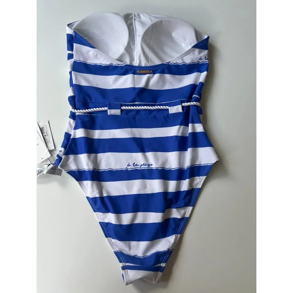 Milly A La Plage Belted One Piece Swimsuit Blue White Size M New - Picture 9 of 16